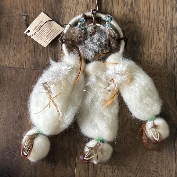2 Indian mandalas handmade wool, Rabbit fur, leather beads, feathers  10\